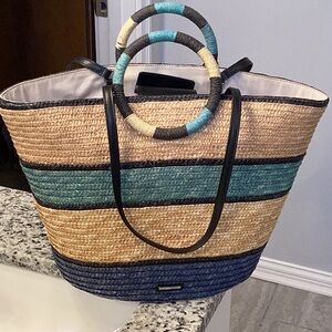 Rebecca Minkoff Striped Multicolor Large Straw Bag w/ Round Handles & Strap